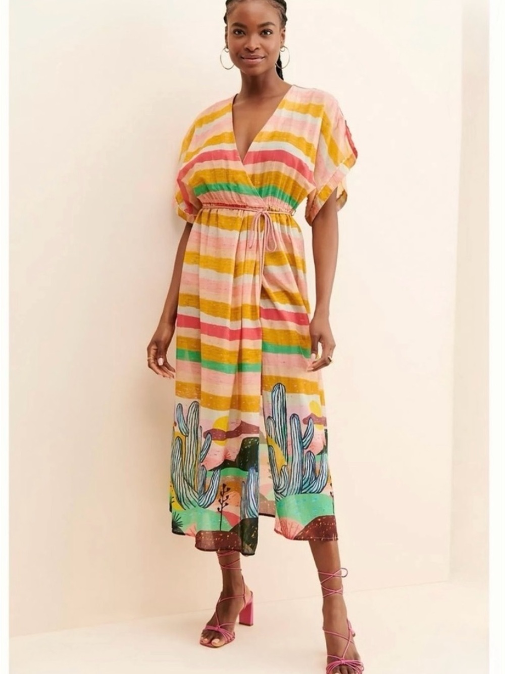 Scotch & Soda Amsterdam Desert Pink Yellow Green Striped Cactus-Print Midi Dress